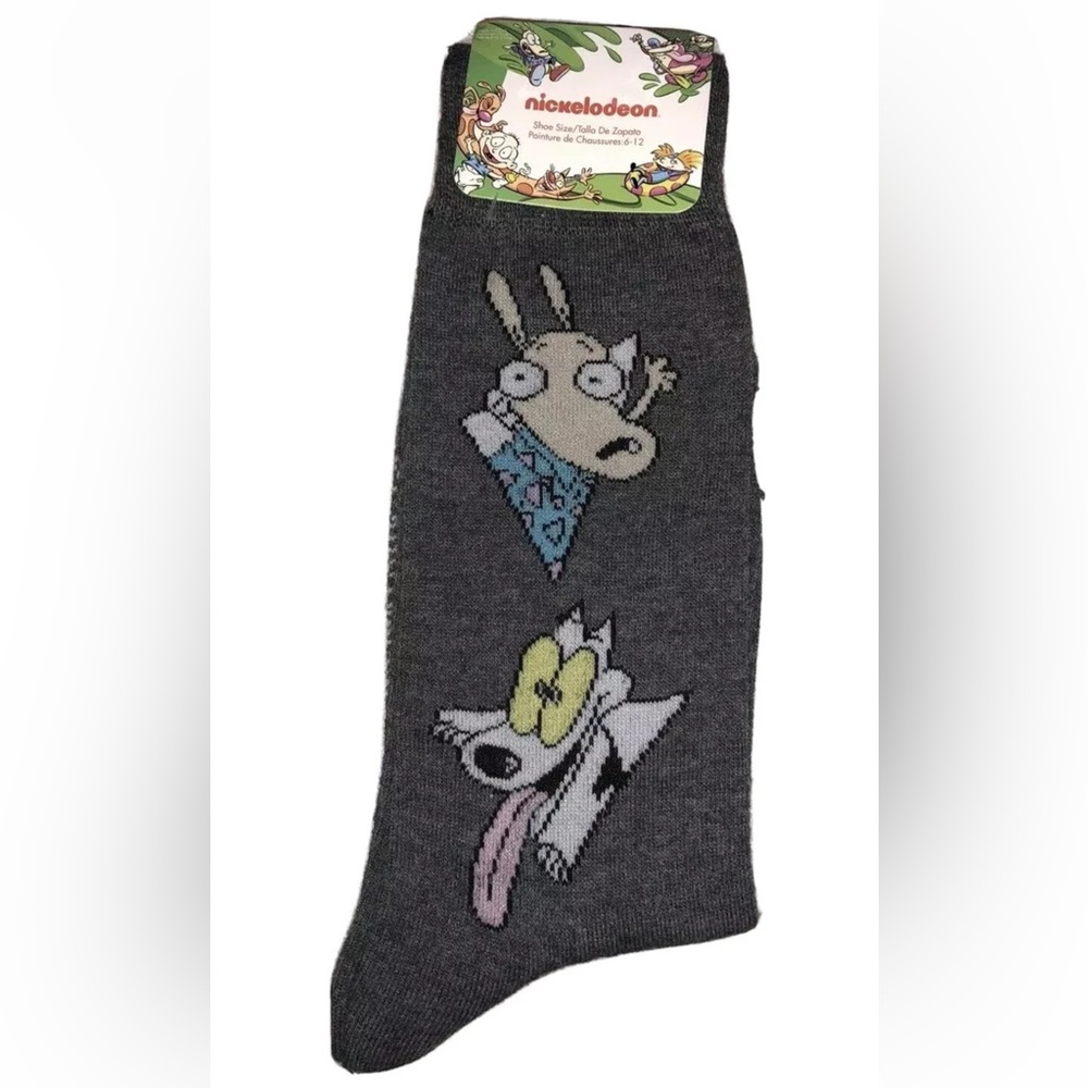 Rocko’s Modern Life Crew Socks 1 Pair Men 6-12 Gray w Faces Spunky Nick Cartoon